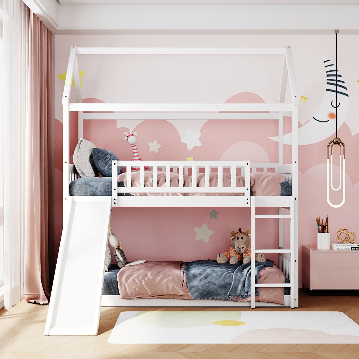 twin over twin bunk bed with slide, white