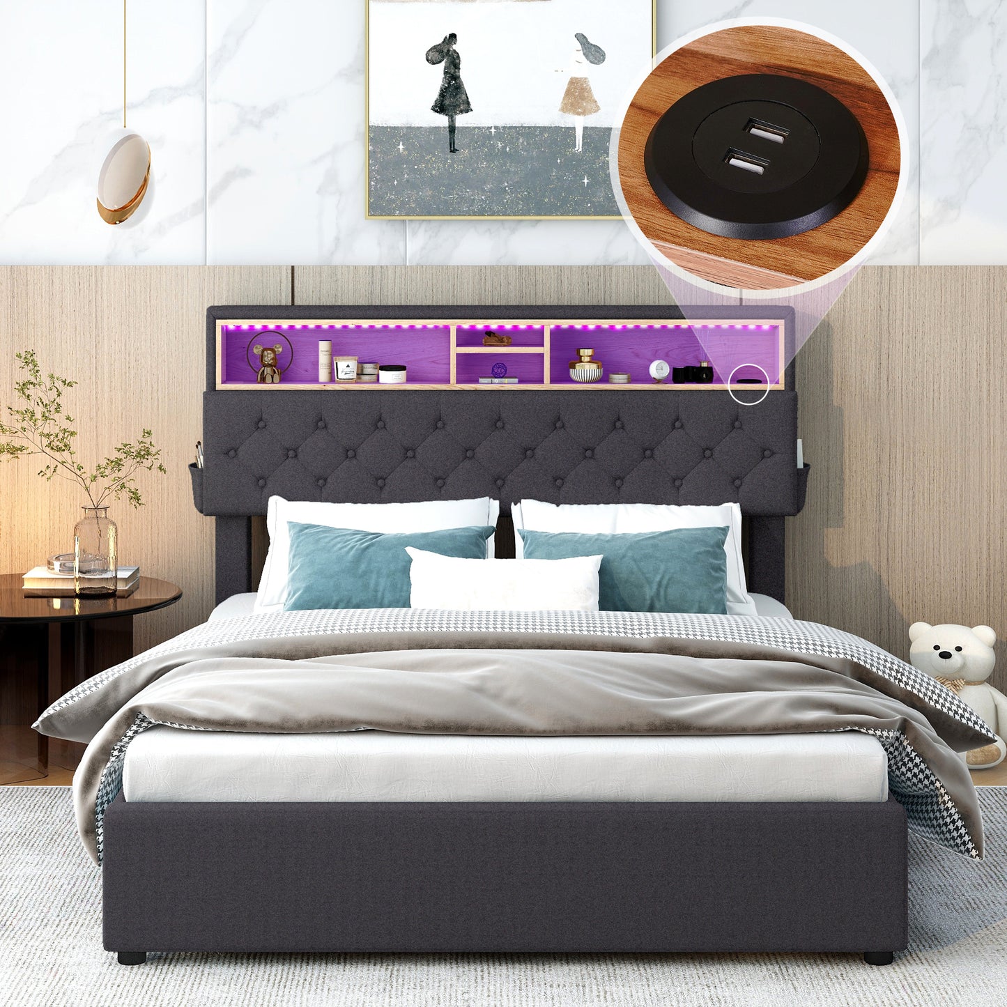 full size upholstered bed with storage headboard, led, usb charging and 2 drawers, dark gray