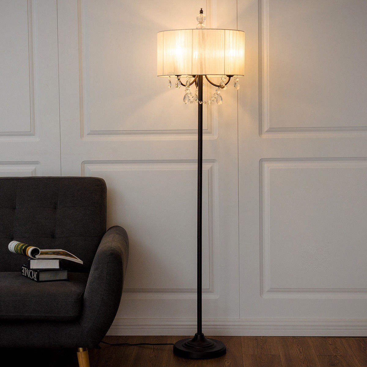 elegant sheer shade floor lamp w/ hanging crystal led bulbs