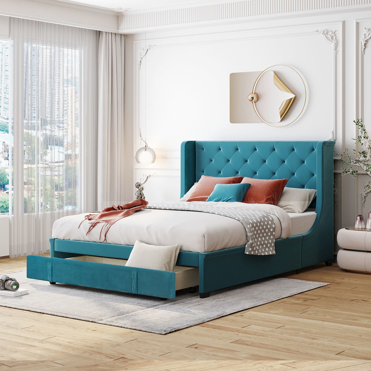 modern velvet upholstered platform bed with wingback headboard and a big drawer