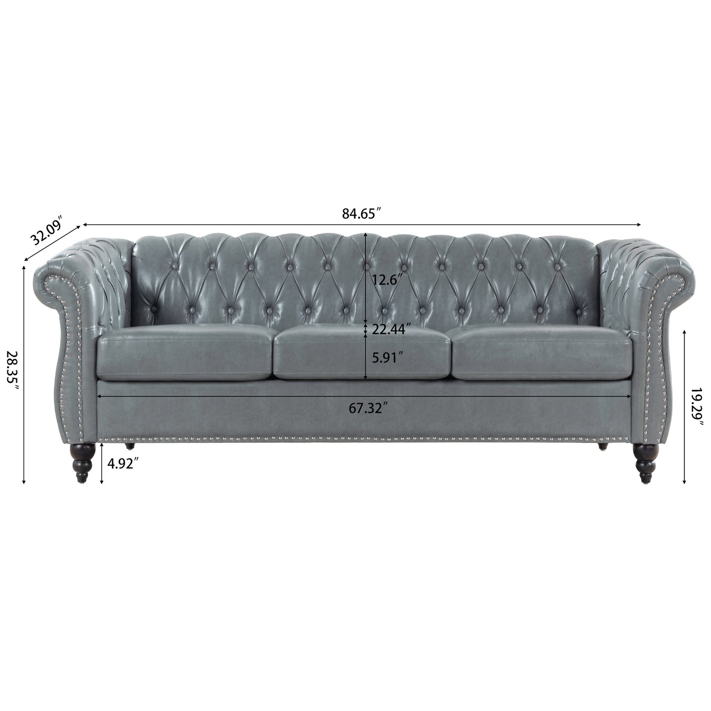 84.65" rolled arm chesterfield 3 seater sofa.