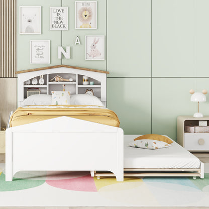 House-shaped Bed with Storage Headboard and Trundle, White