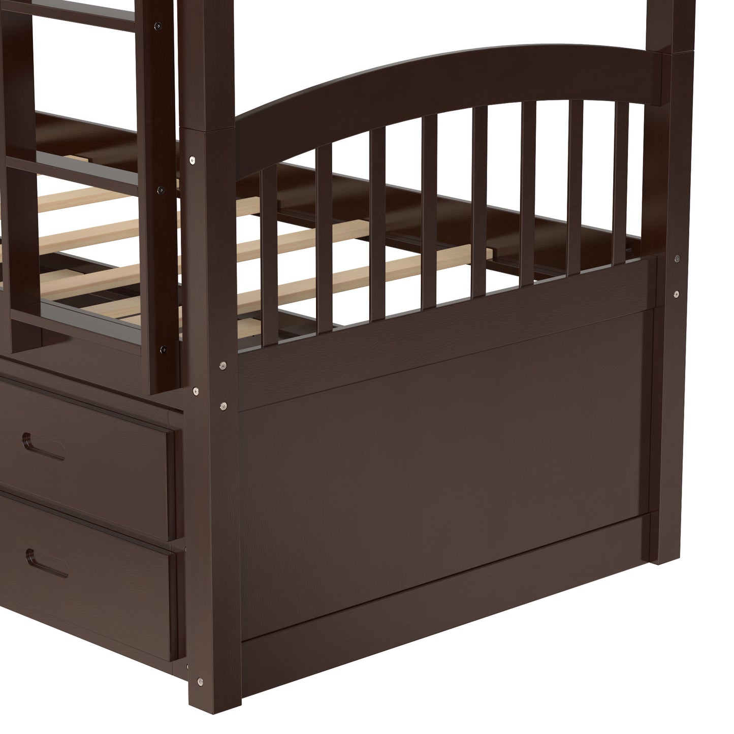 twin over twin wood bunk bed with trundle and drawers,white