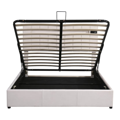 Velvet Upholstered Hydraulic Storage Bed with LED light, Bluetooth Player, and USB Charging