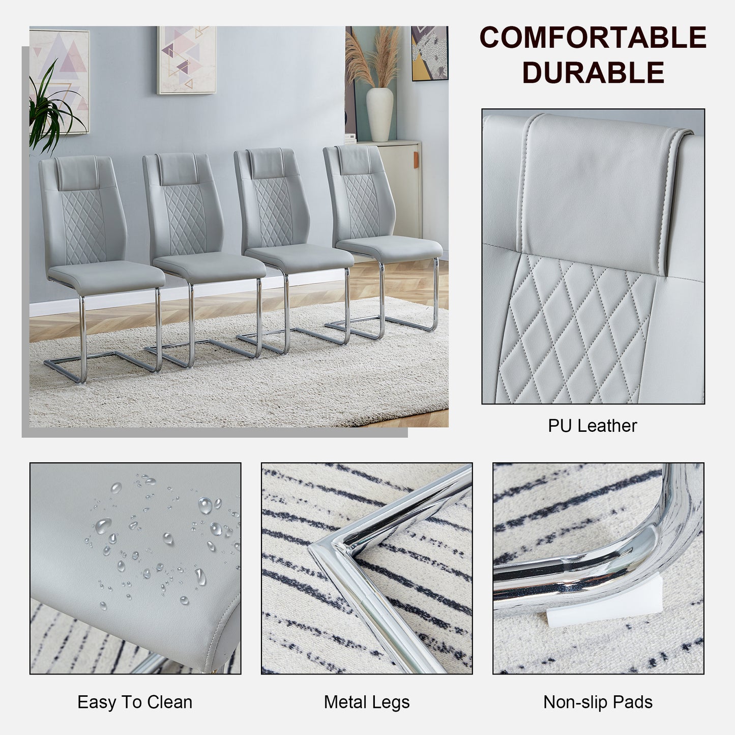 faux leather cushion chairs set of 6, light grey+pu leather