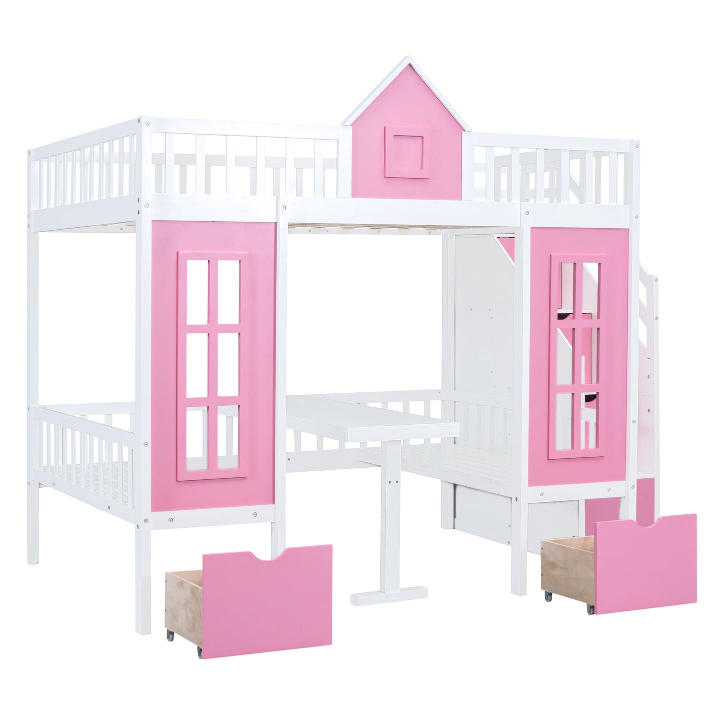 full-over-full bunk bed with changeable table, pink
