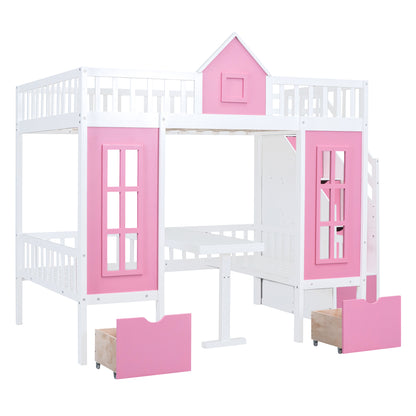 Full-Over-Full Bunk Bed with Changeable Table, Pink
