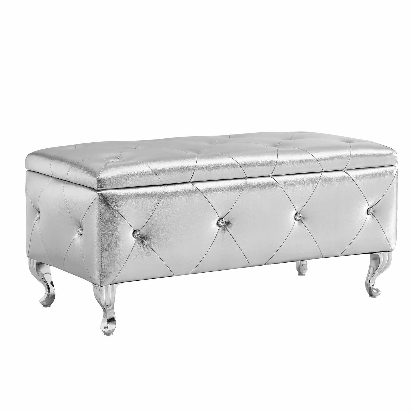 upholstered storage ottoman, silver