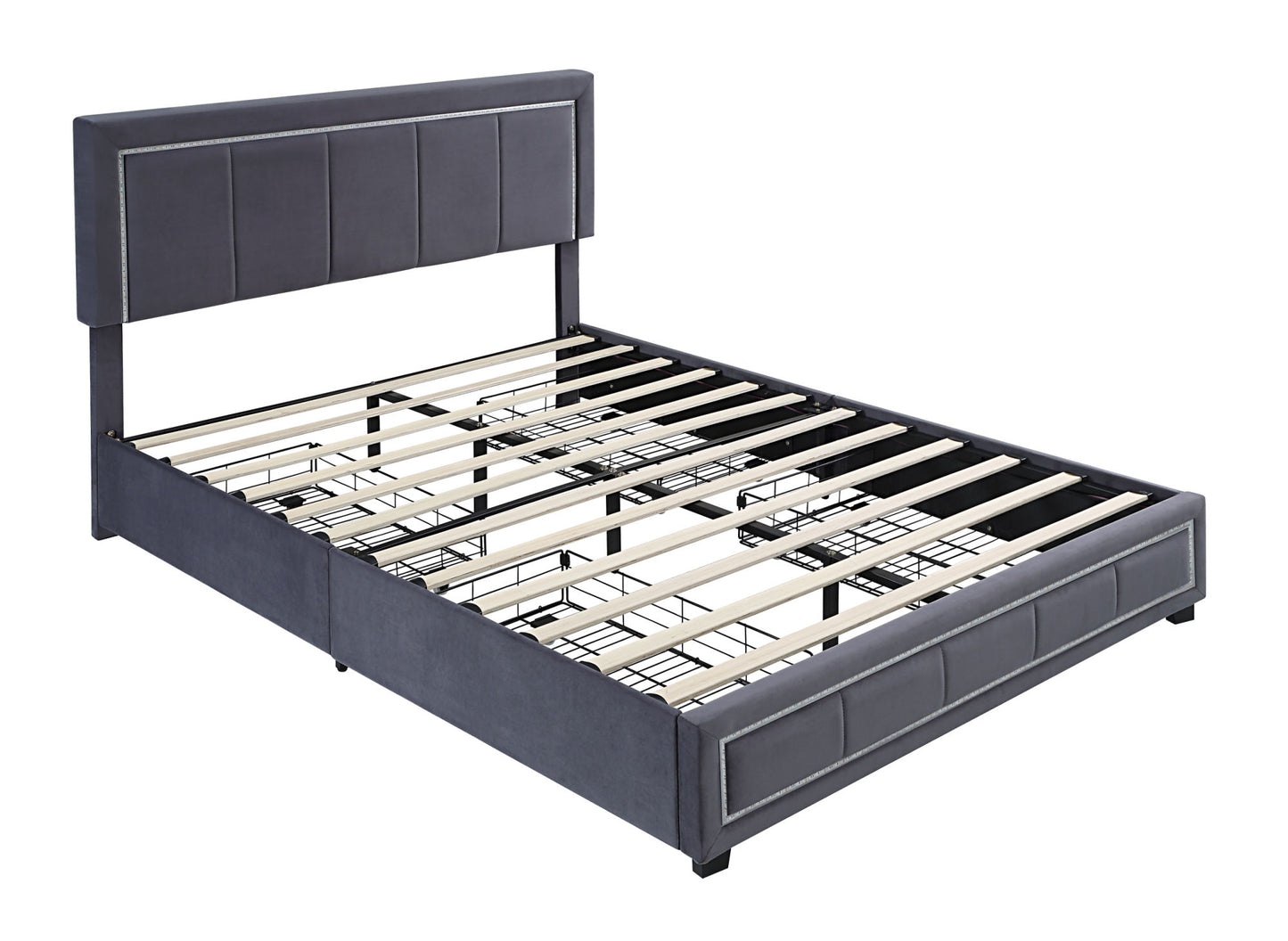 upholstered bed with led lights, 4 drawer storage, grey