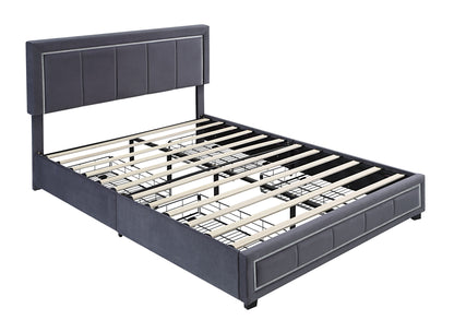 Upholstered Bed with LED Lights, 4 Drawer Storage, Grey