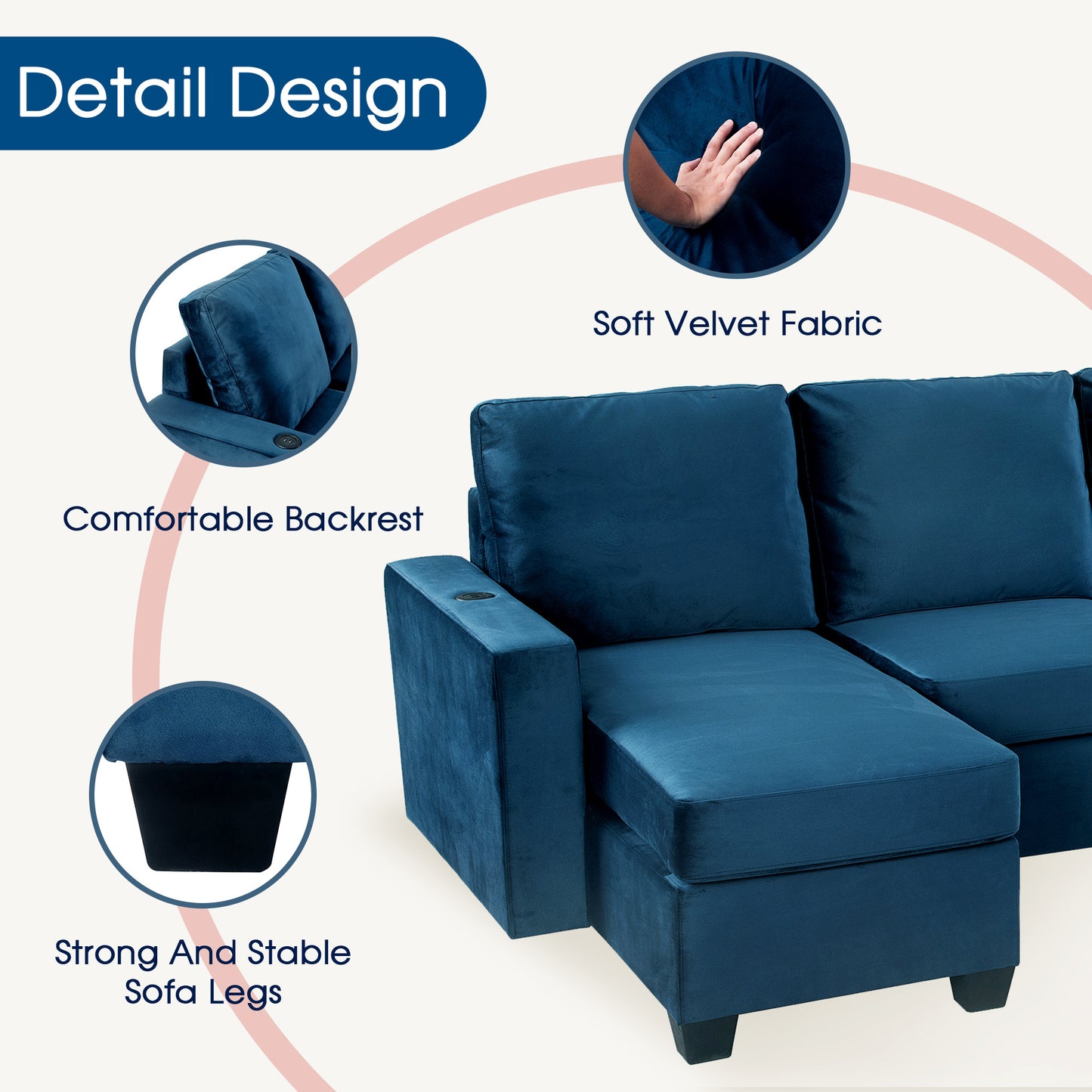 modern l shape sectional sofa with usb charging port, navy
