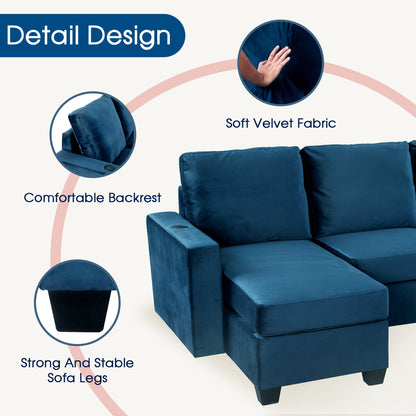 Modern L shape Sectional Sofa With USB Charging Port, Navy