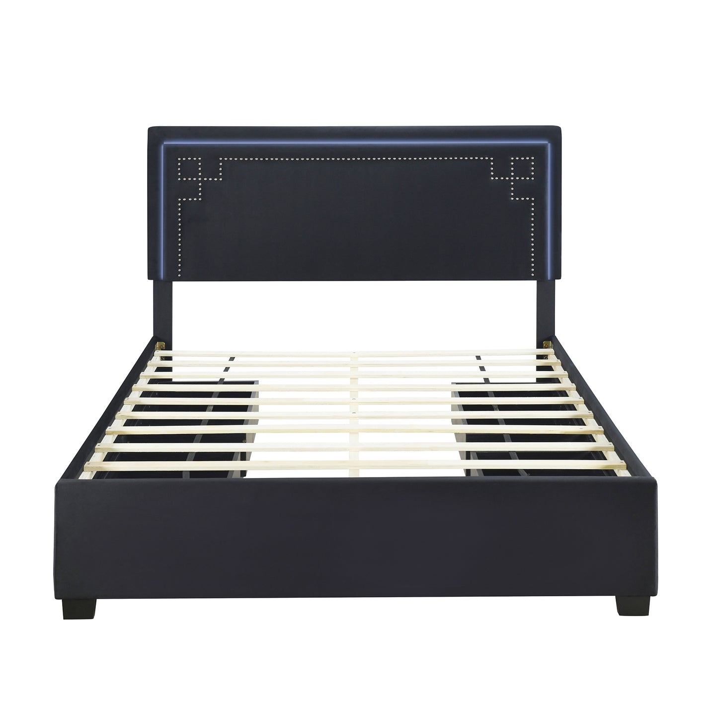 upholstered platform bed with rivet-decorated headboard, led bed frame and 4 drawers, black