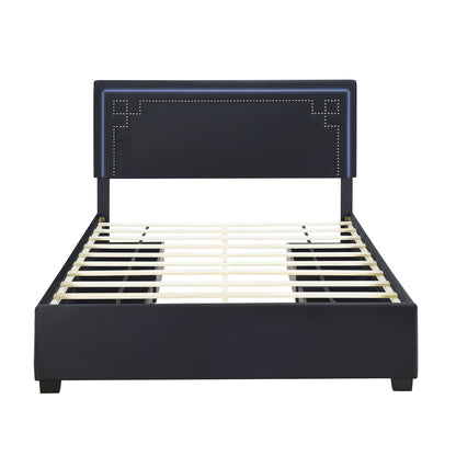 Upholstered Platform Bed with Rivet-decorated Headboard, LED bed frame and 4 Drawers, Black