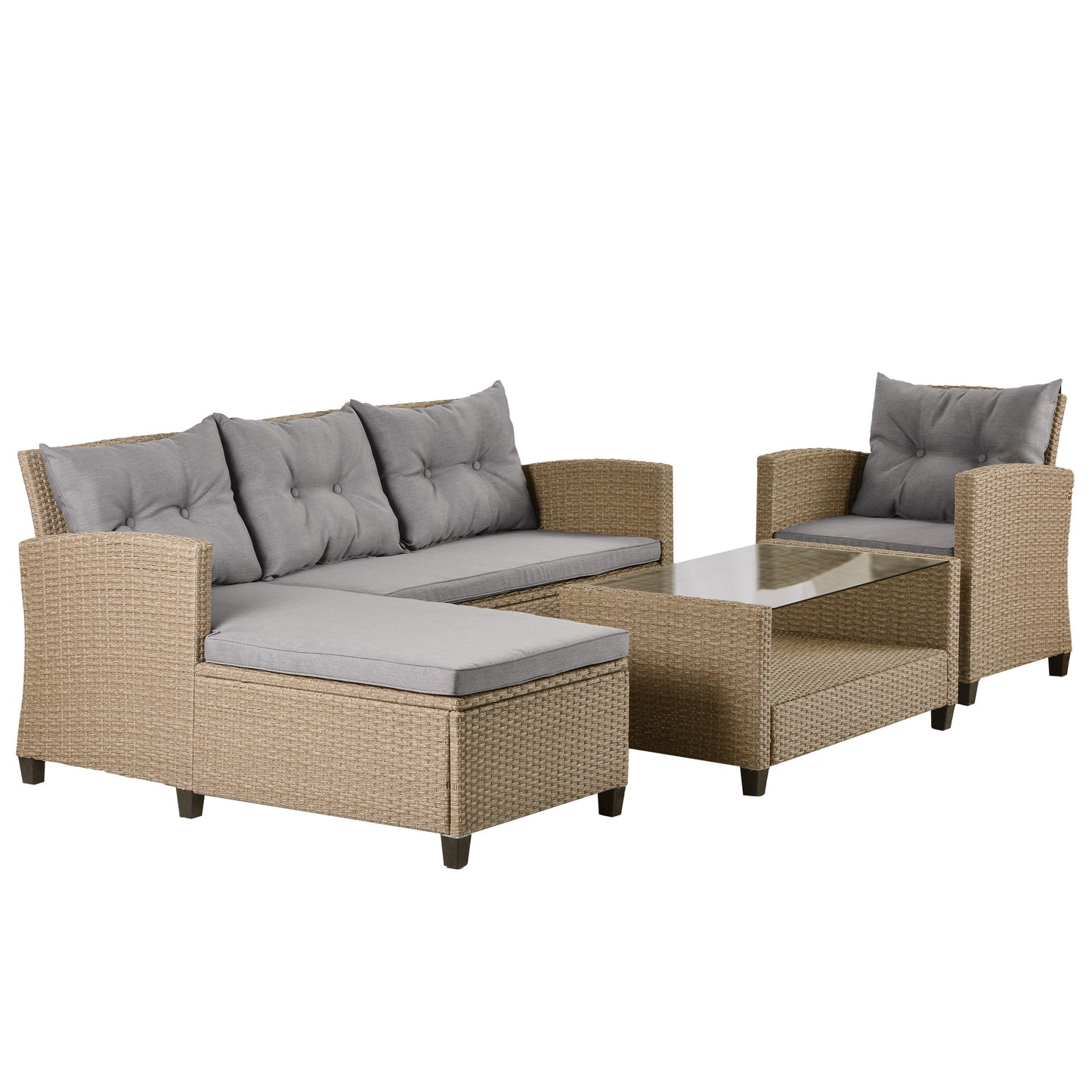 4 piece wicker ratten sectional sofa set with seat cushions, beige brown