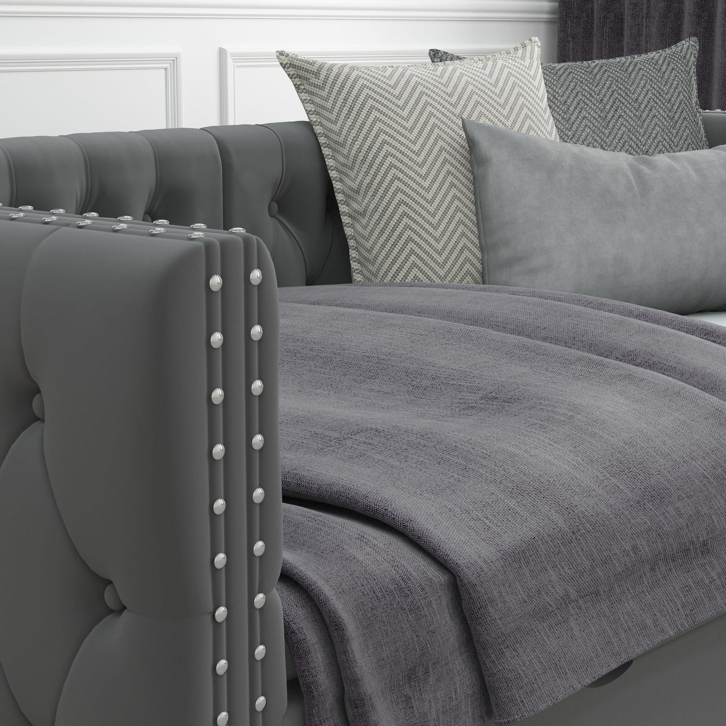 velvet upholstered tufted bed with drawers, grey