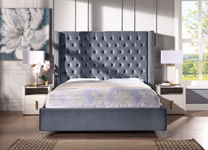 Velvet Upholstered Bed with Deep Button Tufting, Grey