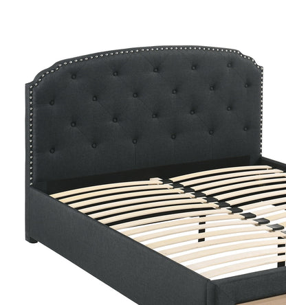 Burlap Bed with Drawer Button Tufted Headboard +Storage, Charcoal