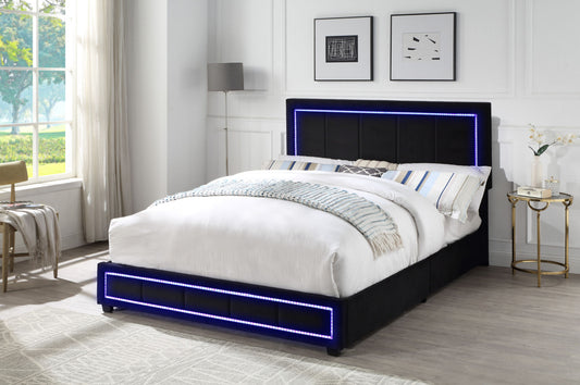 Upholstered Queen Size Platform Bed with LED Lights, Storage Bed with 4 Drawers, Black