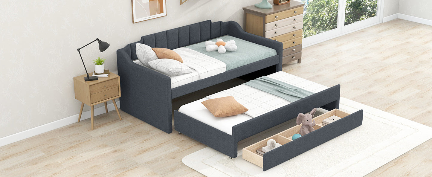 upholstered bed with trundle and three drawers, grey