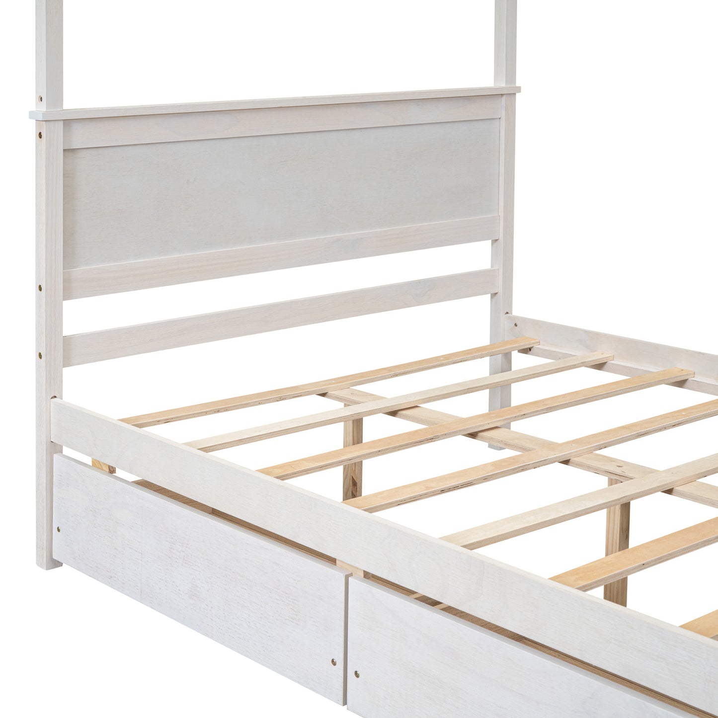 wood canopy bed with two drawers, white
