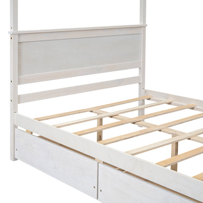 Wood Canopy Bed with two Drawers, White