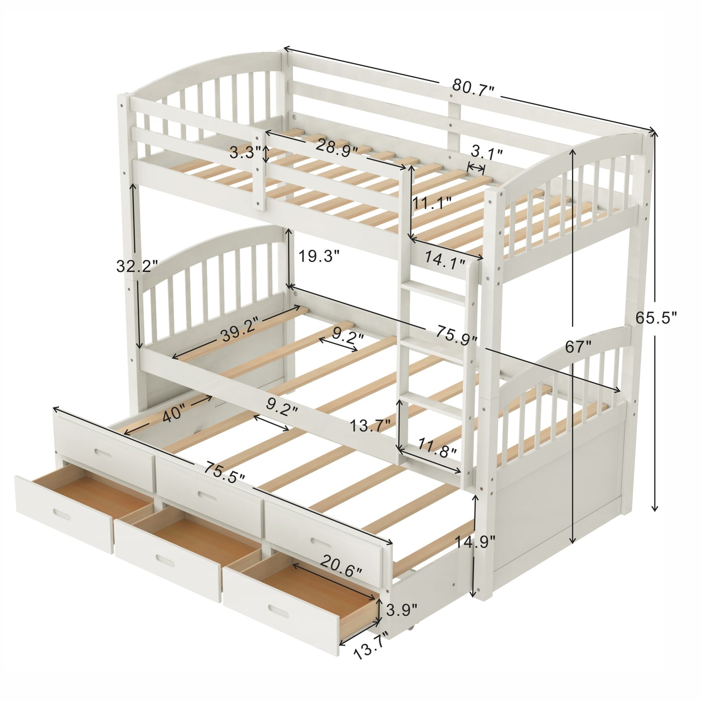 twin over twin wood bunk bed with trundle and drawers,white