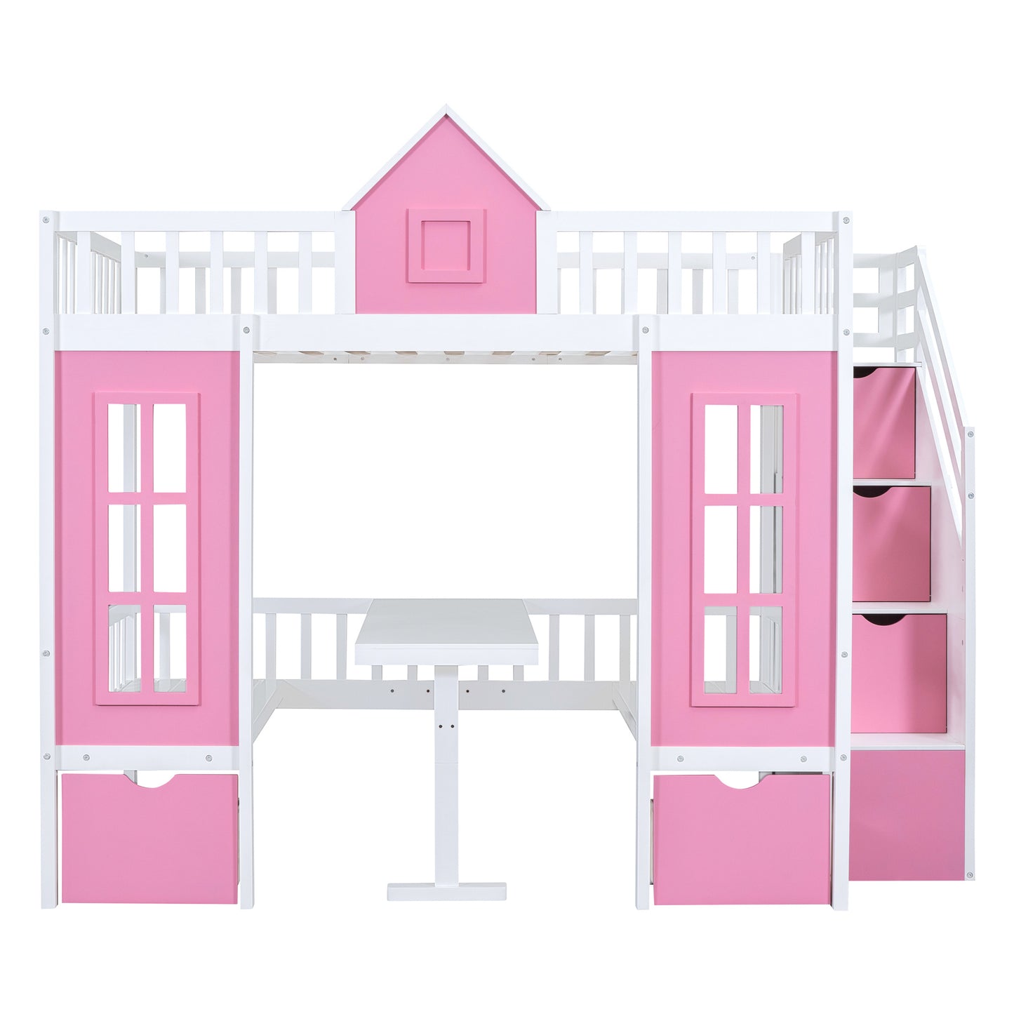 full-over-full bunk bed with changeable table, pink