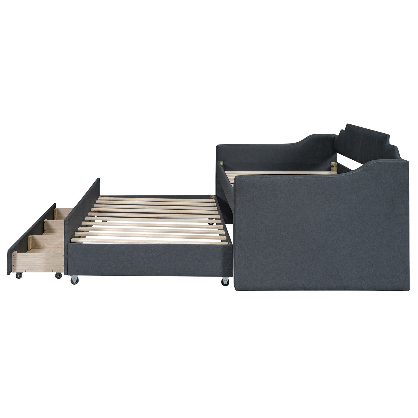 upholstered bed with trundle and three drawers, grey