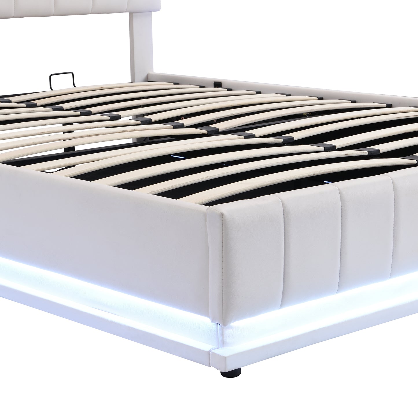 upholstered bed with hydraulic storage system and led light, sockets, and usb ports, white