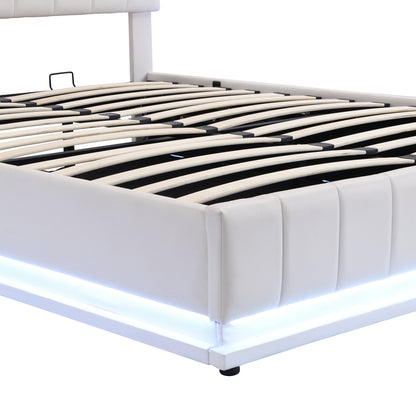Upholstered Bed with Hydraulic Storage System and LED Light, Sockets, and USB Ports, White