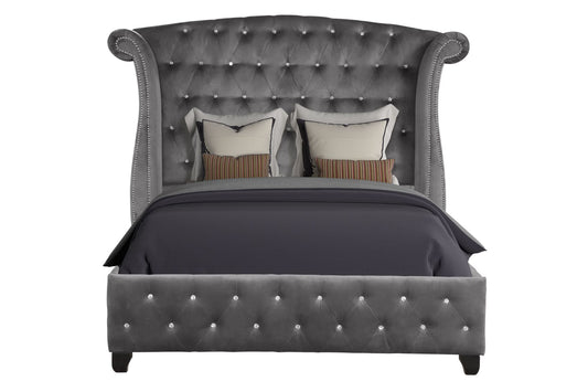 Sophia Modern style Crystal Tufted Queen Bed made with wood in Gray