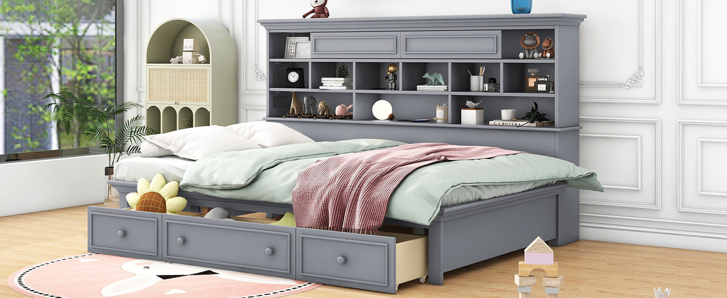 wood bed with multi-storage shelves, charging station and 3 drawers, gray
