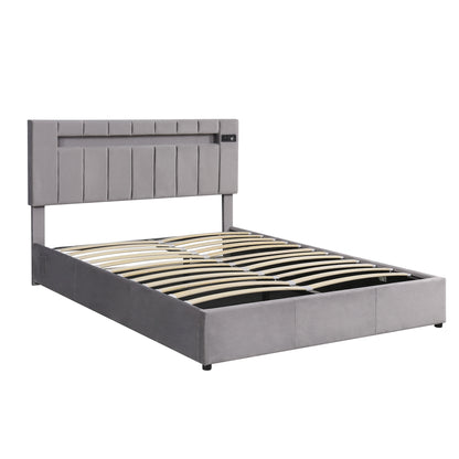 Velvet Upholstered Hydraulic Storage Bed with LED light, Bluetooth Player, and USB Charging