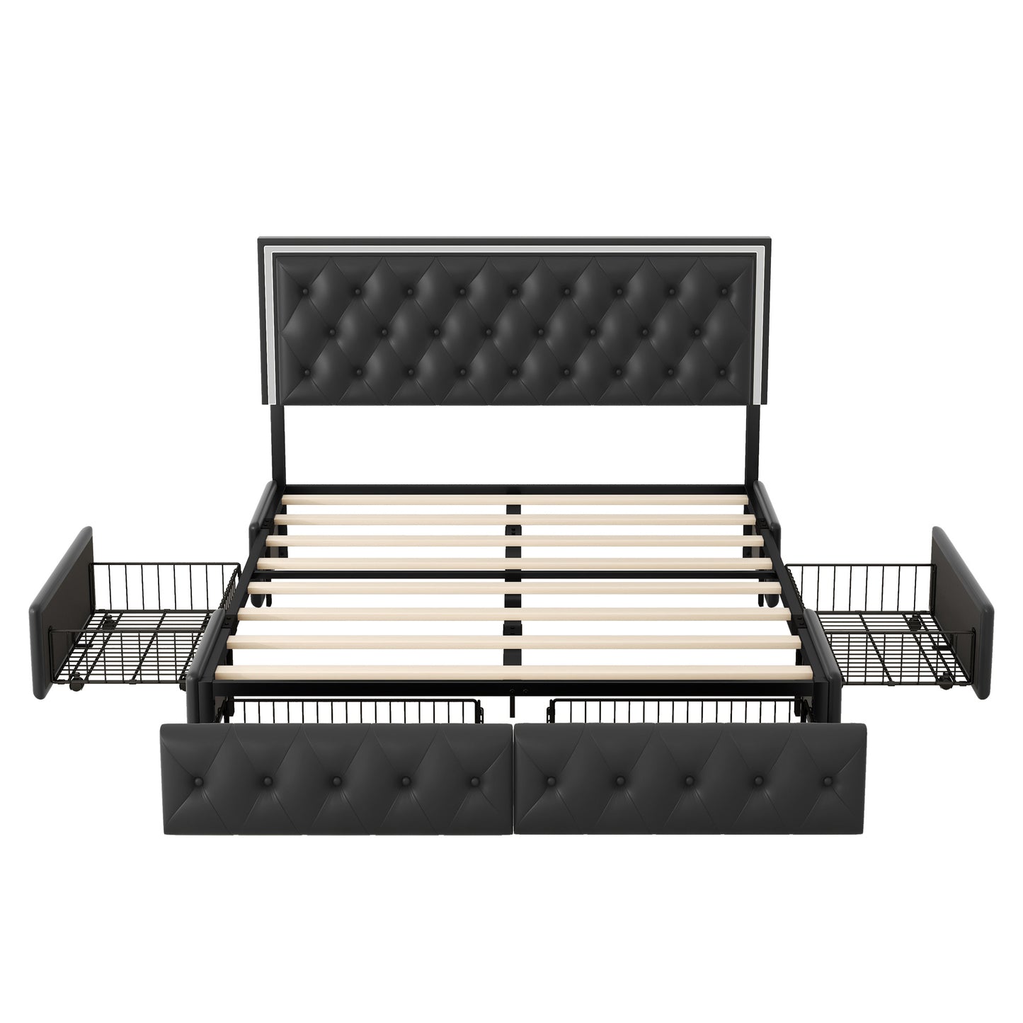 queen upholstered pu leather platform bed with led headboard, black