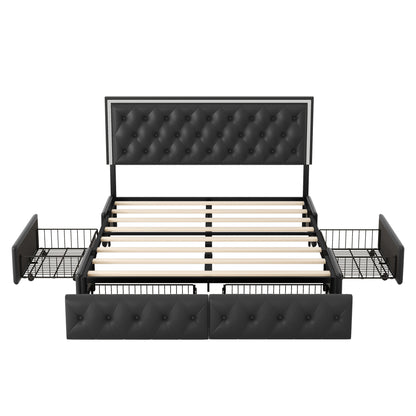Queen Upholstered PU Leather Platform Bed with LED Headboard, Black