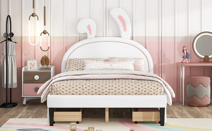 Upholstered Leather  Bed with Rabbit Ornament and 4 Drawers, White
