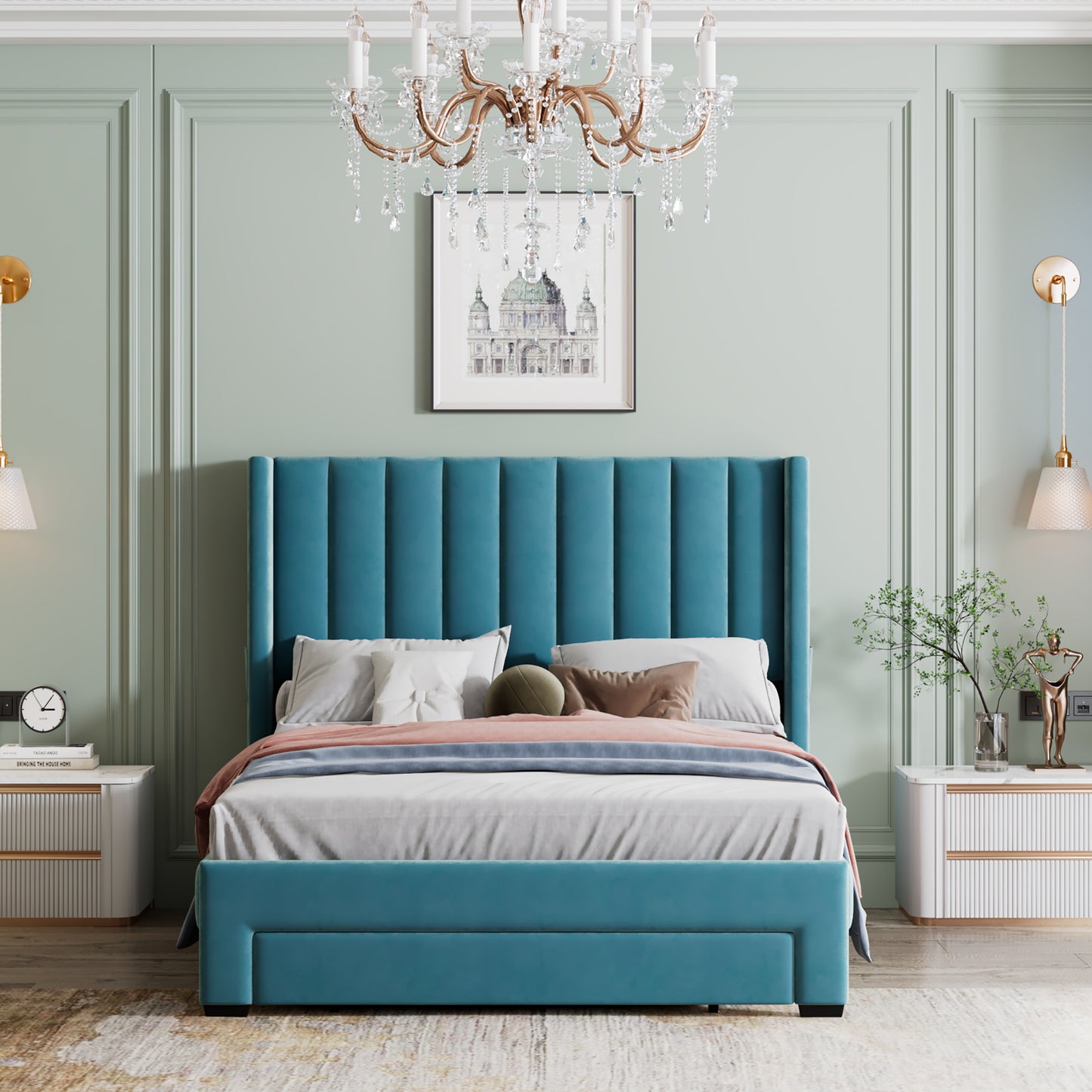 danny velvet upholstered platform bed with a big drawer - blue