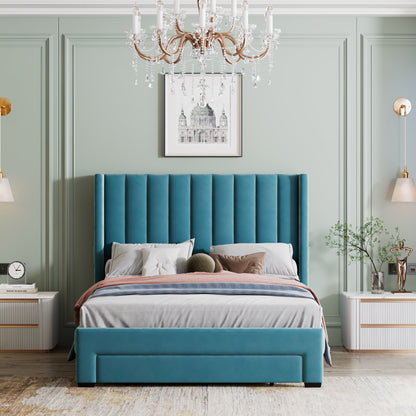 Danny Velvet Upholstered Platform Bed with a Big Drawer - Blue