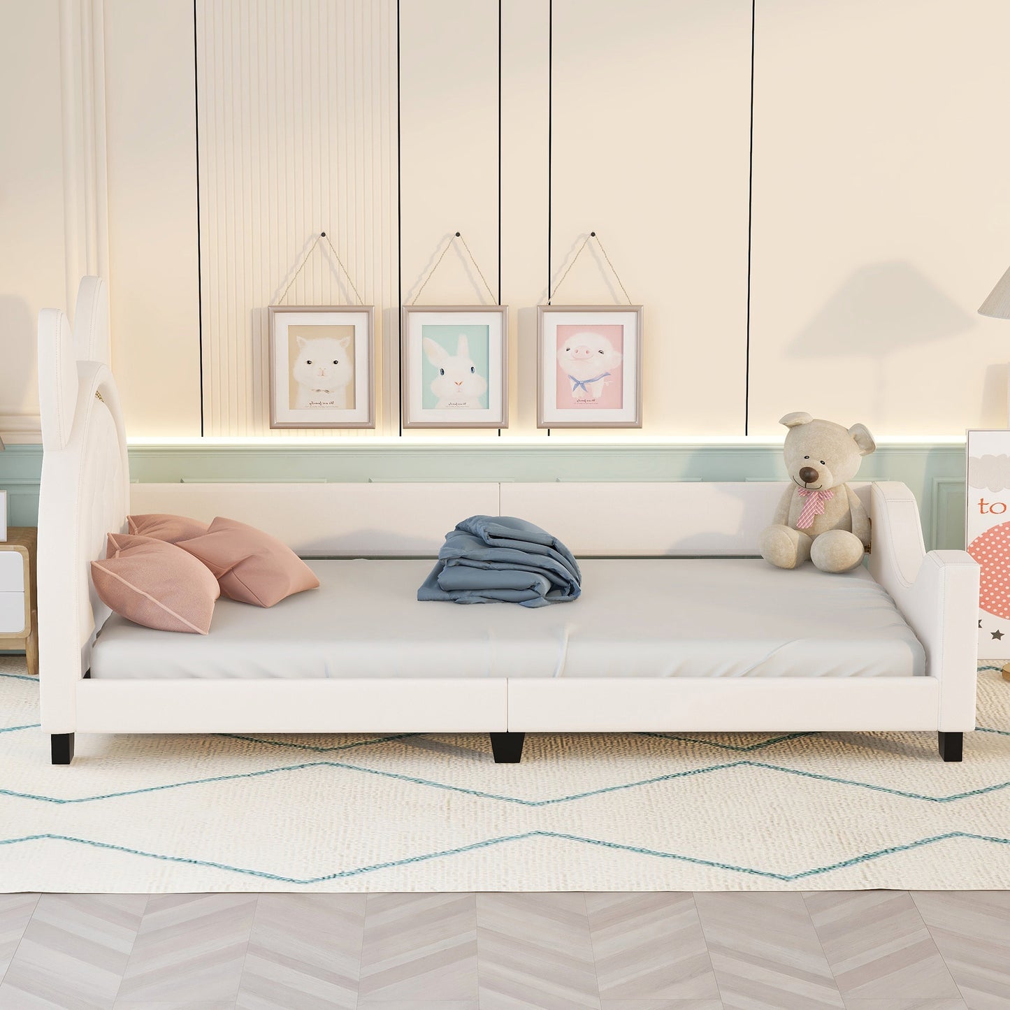 upholstered bed with carton ears shaped headboard, white