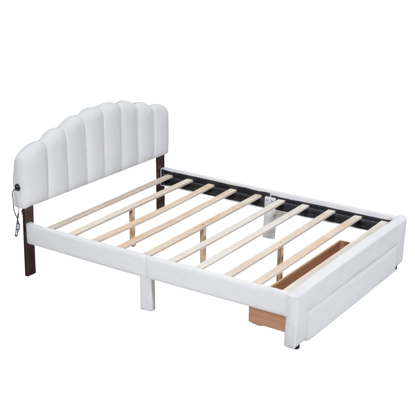teddy fleece upholstered platform bed with drawer, white