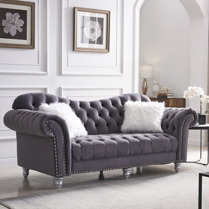 3 Piece Living Room Sofa Set with 5 White Villose Pillow, Grey