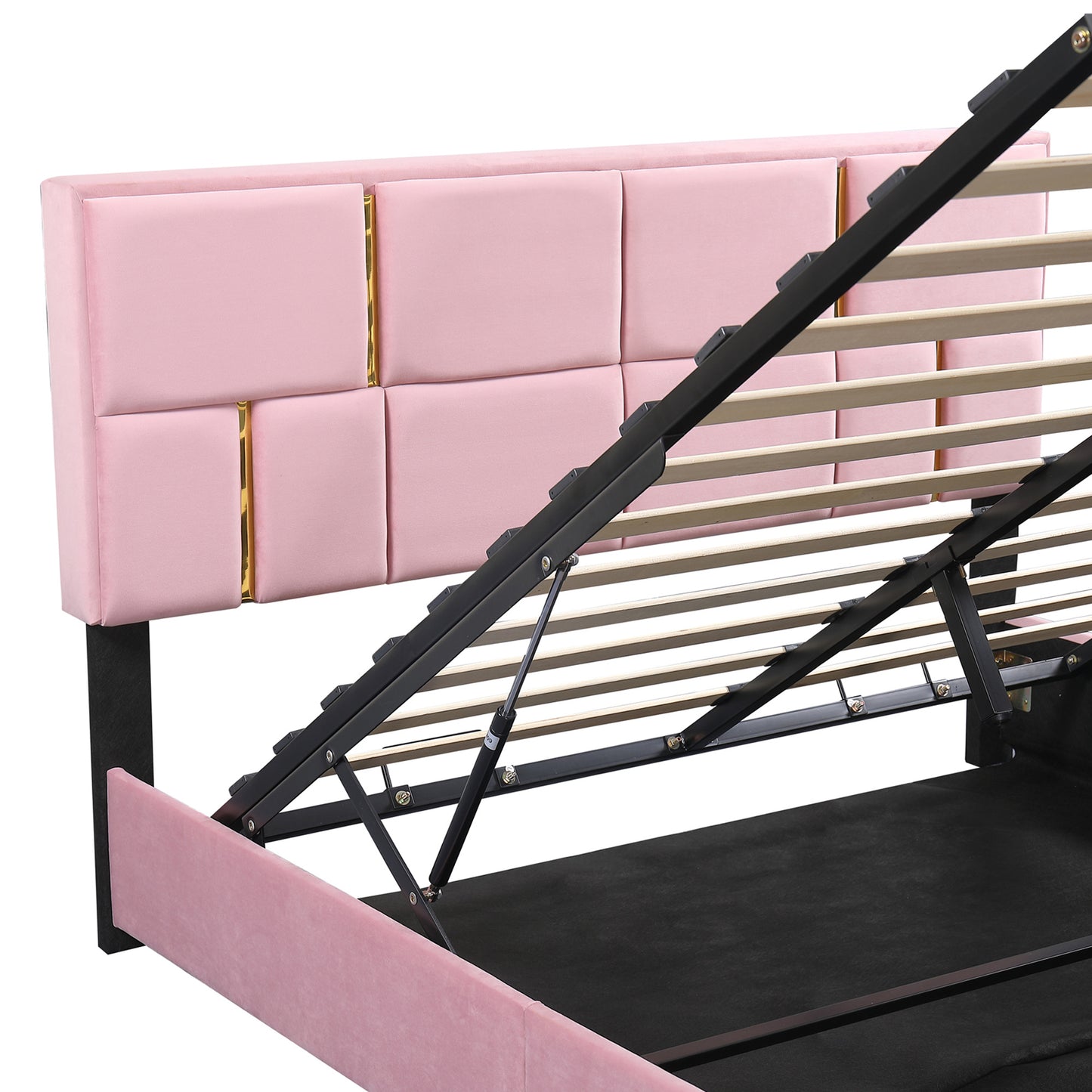 upholstered platform bed with hydraulic storage system, pink