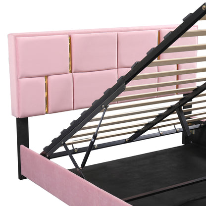 Upholstered Platform Bed with Hydraulic Storage System, Pink