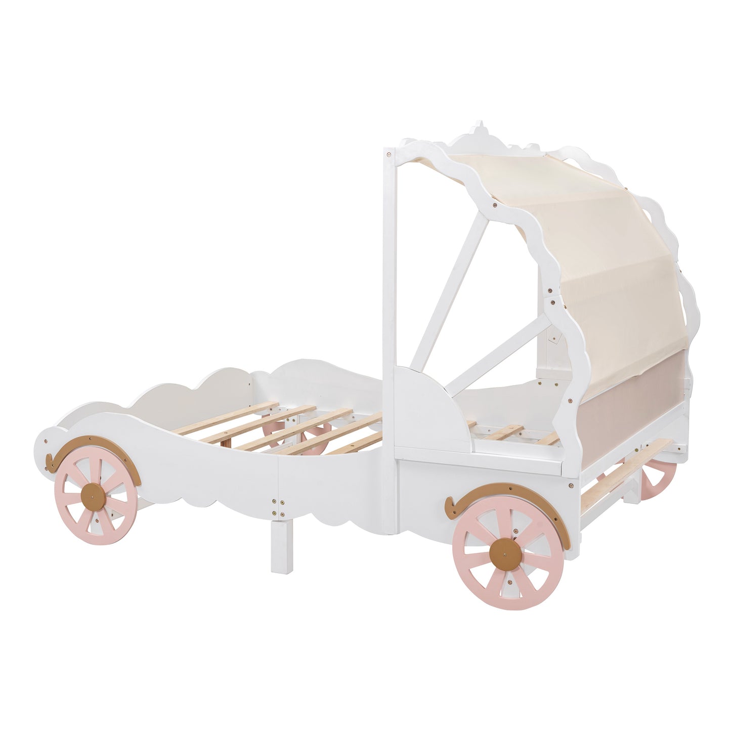 princess carriage bed with canopy, white+pink+gold