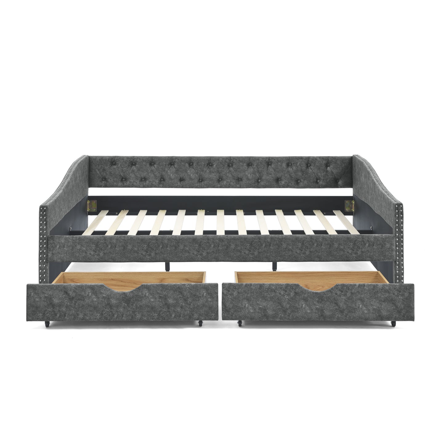 upholstered tufted daybed sofa bed with drawers, grey