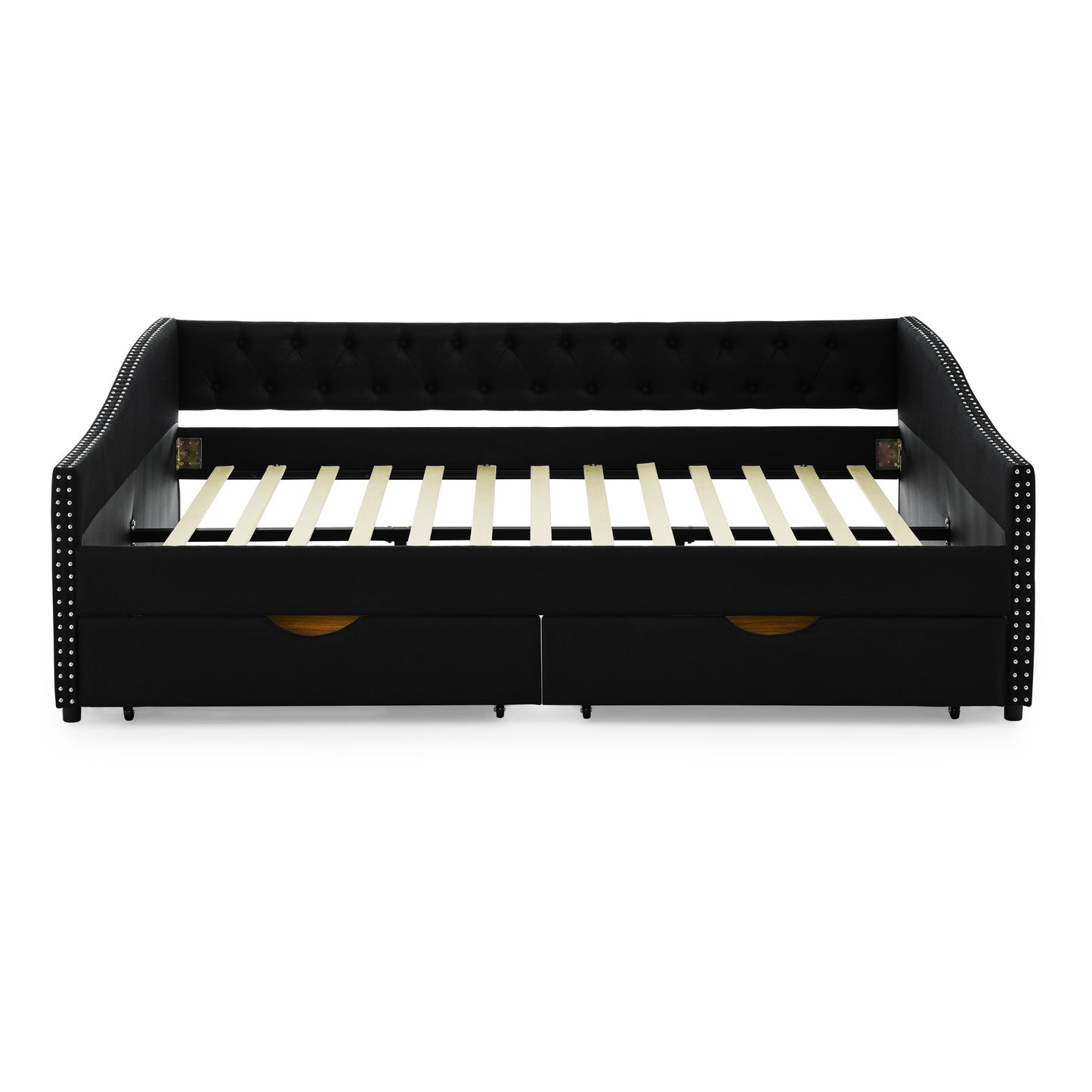 queen size daybed with drawers upholstered tufted sofa bed,,with button on back and copper nail on waved shape arms(84.5"x63.5"x26.5")