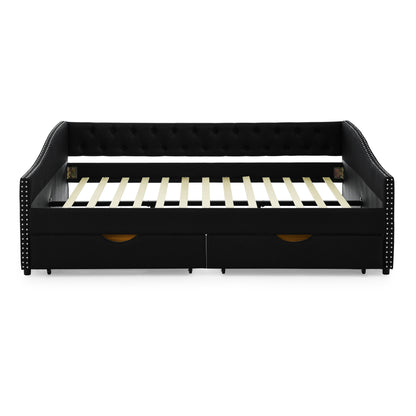Queen Size Daybed with Drawers Upholstered Tufted Sofa Bed,,with Button on Back and Copper Nail on Waved Shape Arms(84.5"x63.5"x26.5")