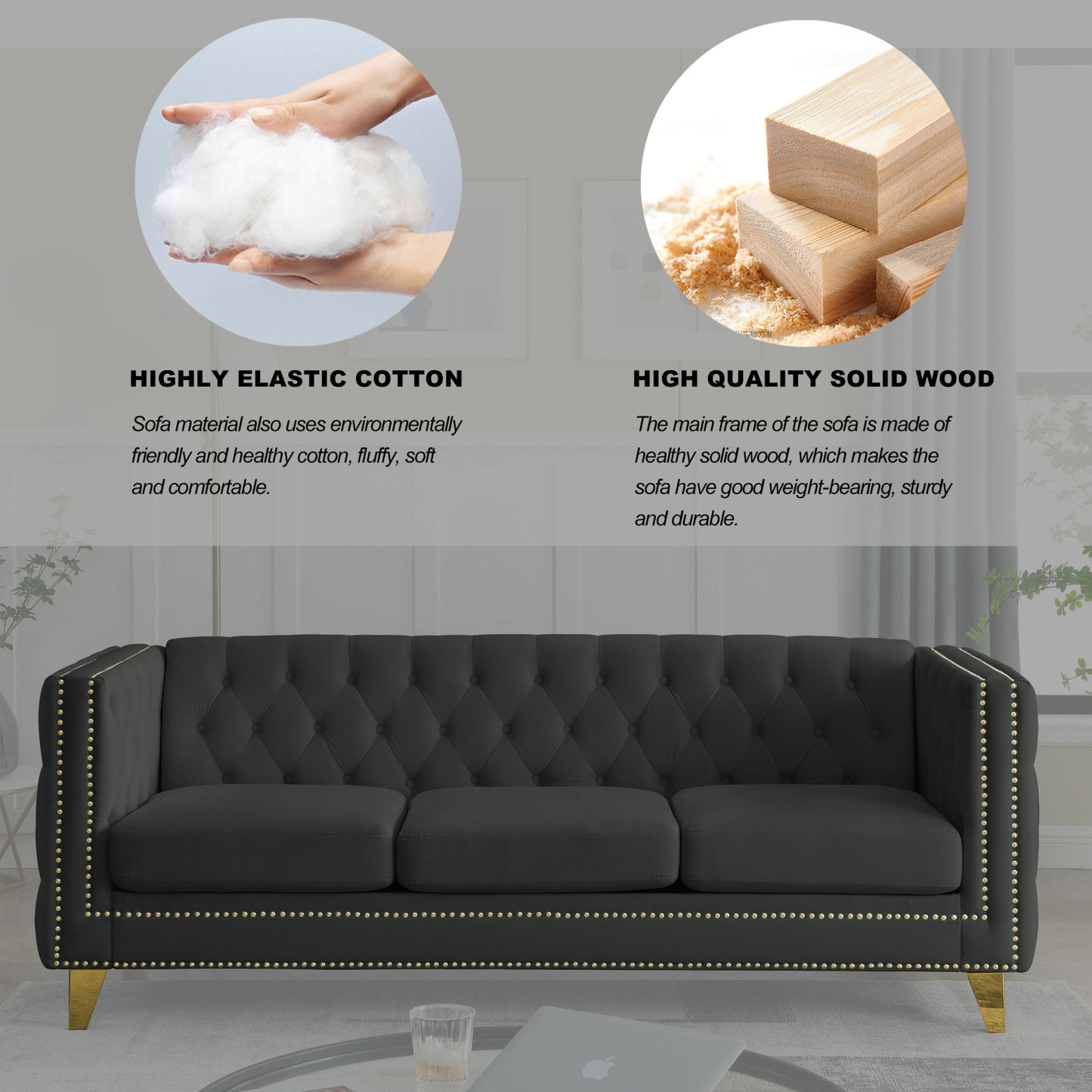 kate velvet upholstered sofa, black velvet