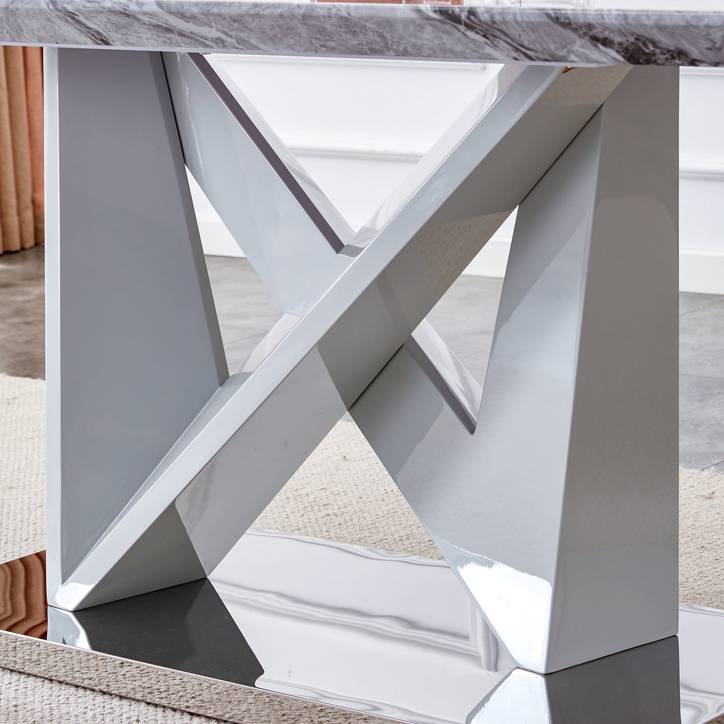 mdf faux marble dining table with white double v-shaped support